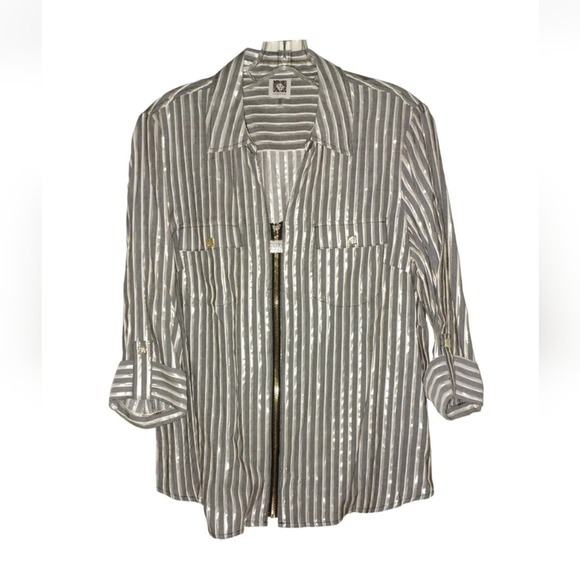 ANNE KLEIN Zip Up Blouse Metallic Gold Gray Stripe Shirt Blouse Plus Size 3X New - Picture 1 of 11